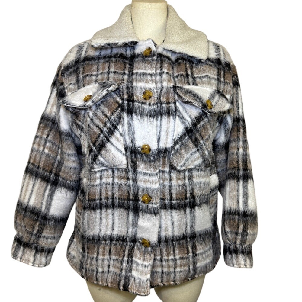 Mountain and Isles Flannel Sherpa collar Plaid Shirt Jacket Medium Oversized Med